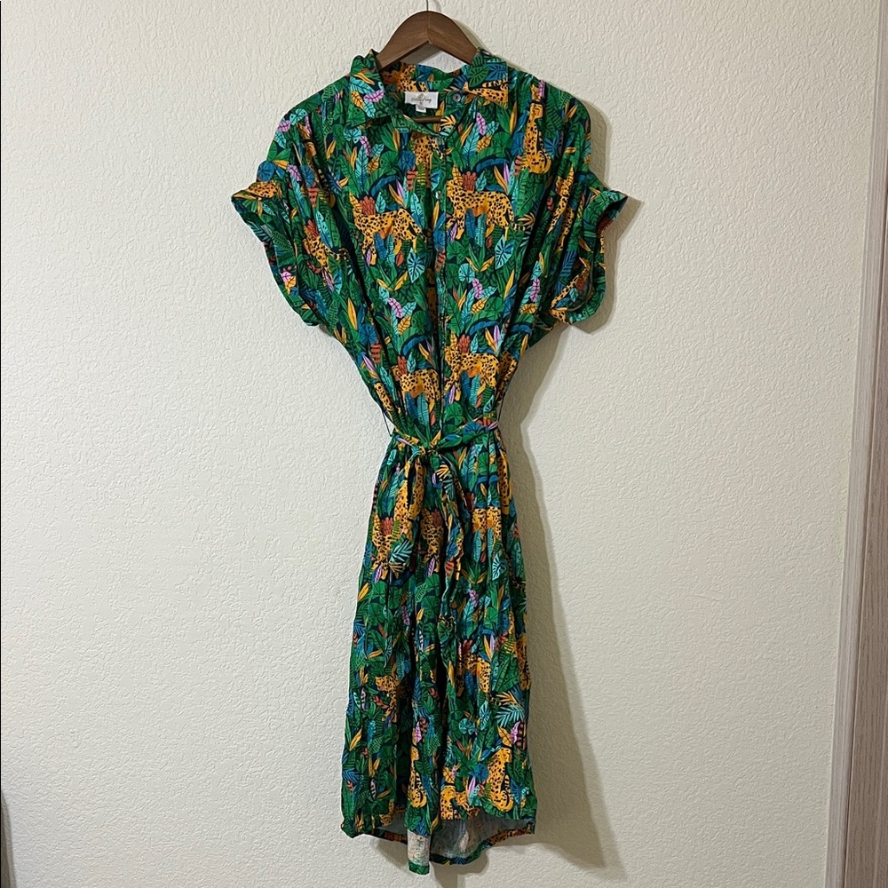 Palms Away Tropical Animal Print Belted Shirtdress Midi Length Linen Blend
